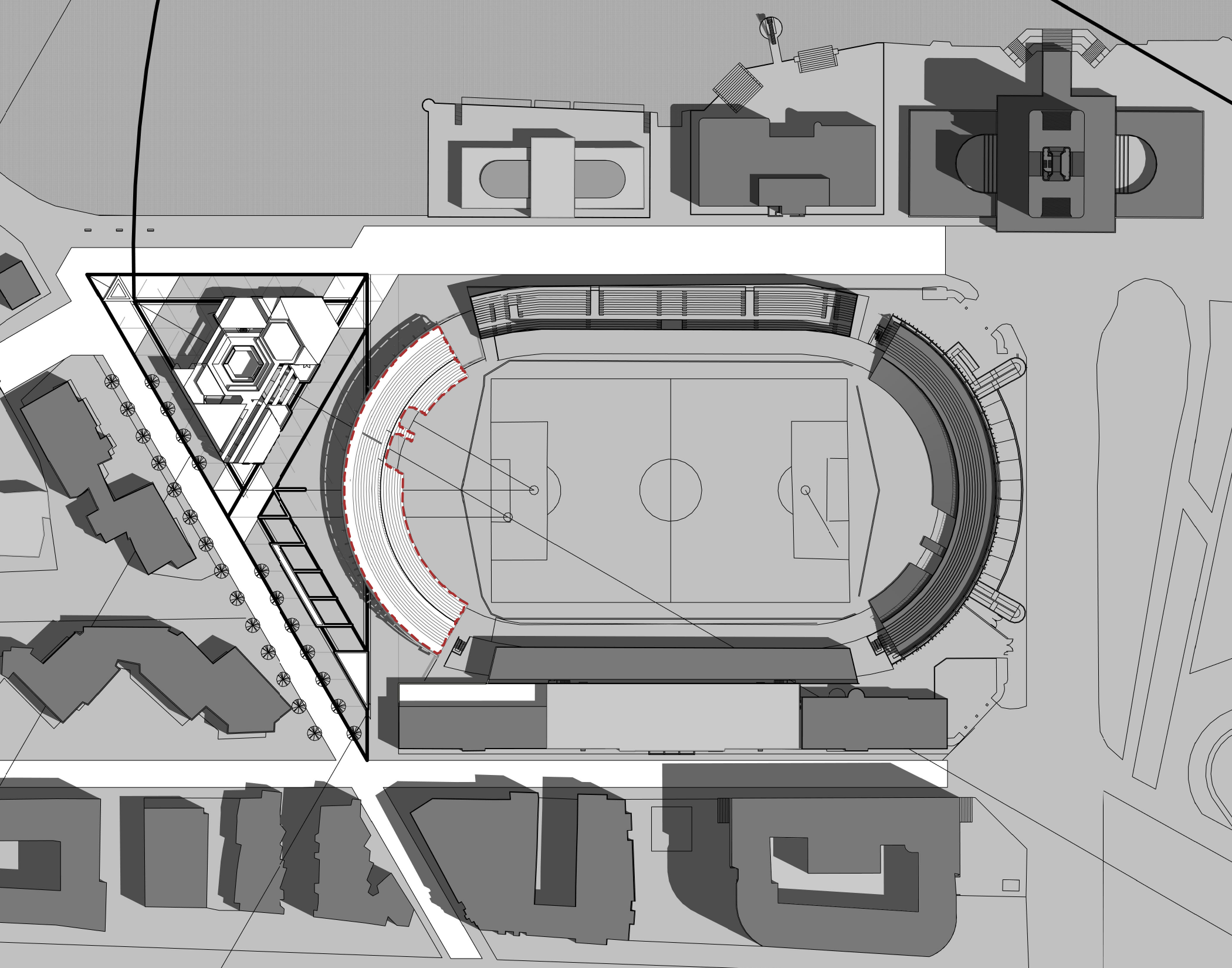 Planta de situación: solo la tribuna curva diseñada al oeste, en trazo rojo discontinuo